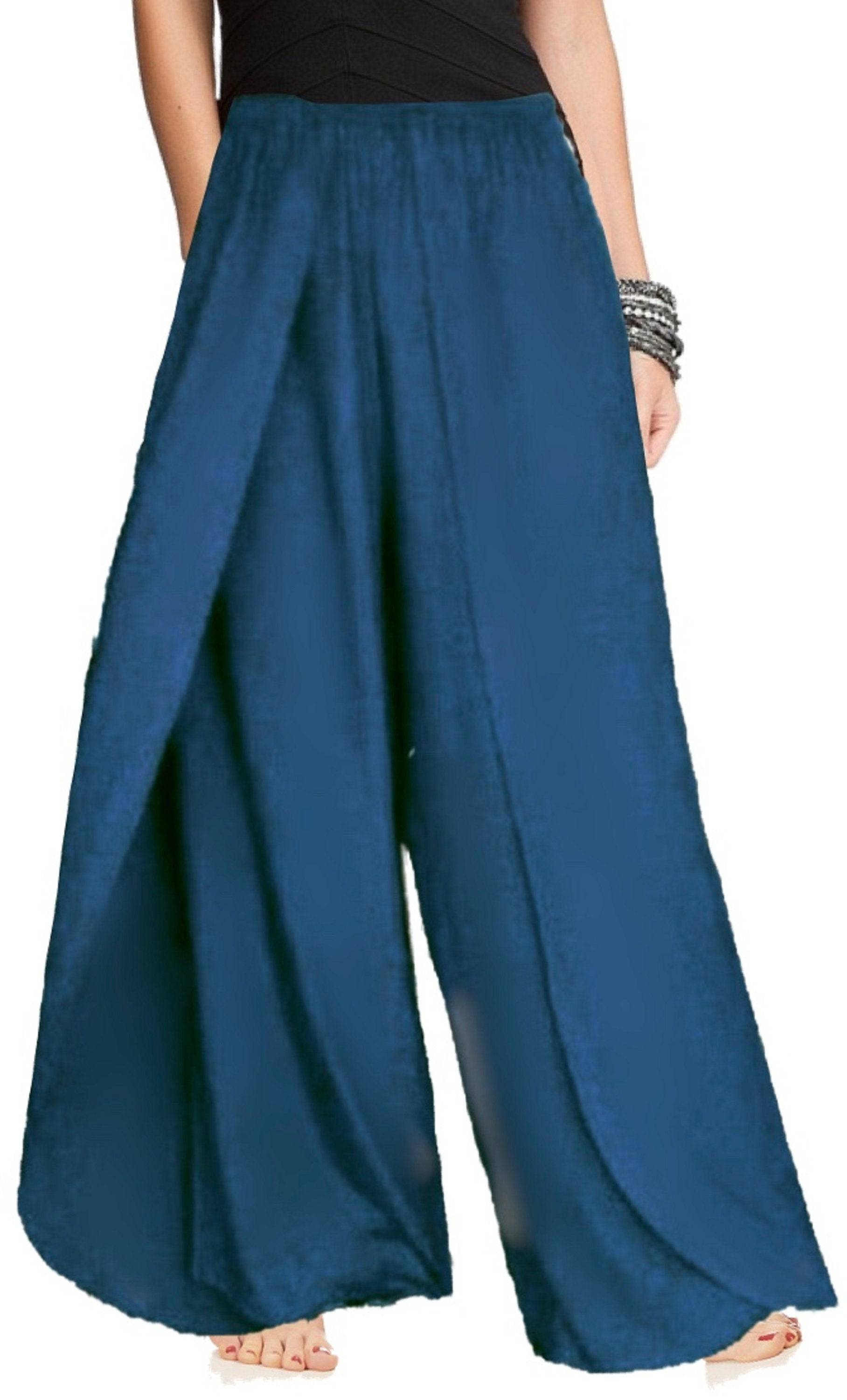 Teal full-length layered pants with an elastic waist, featuring a wide-leg design for comfort and style.