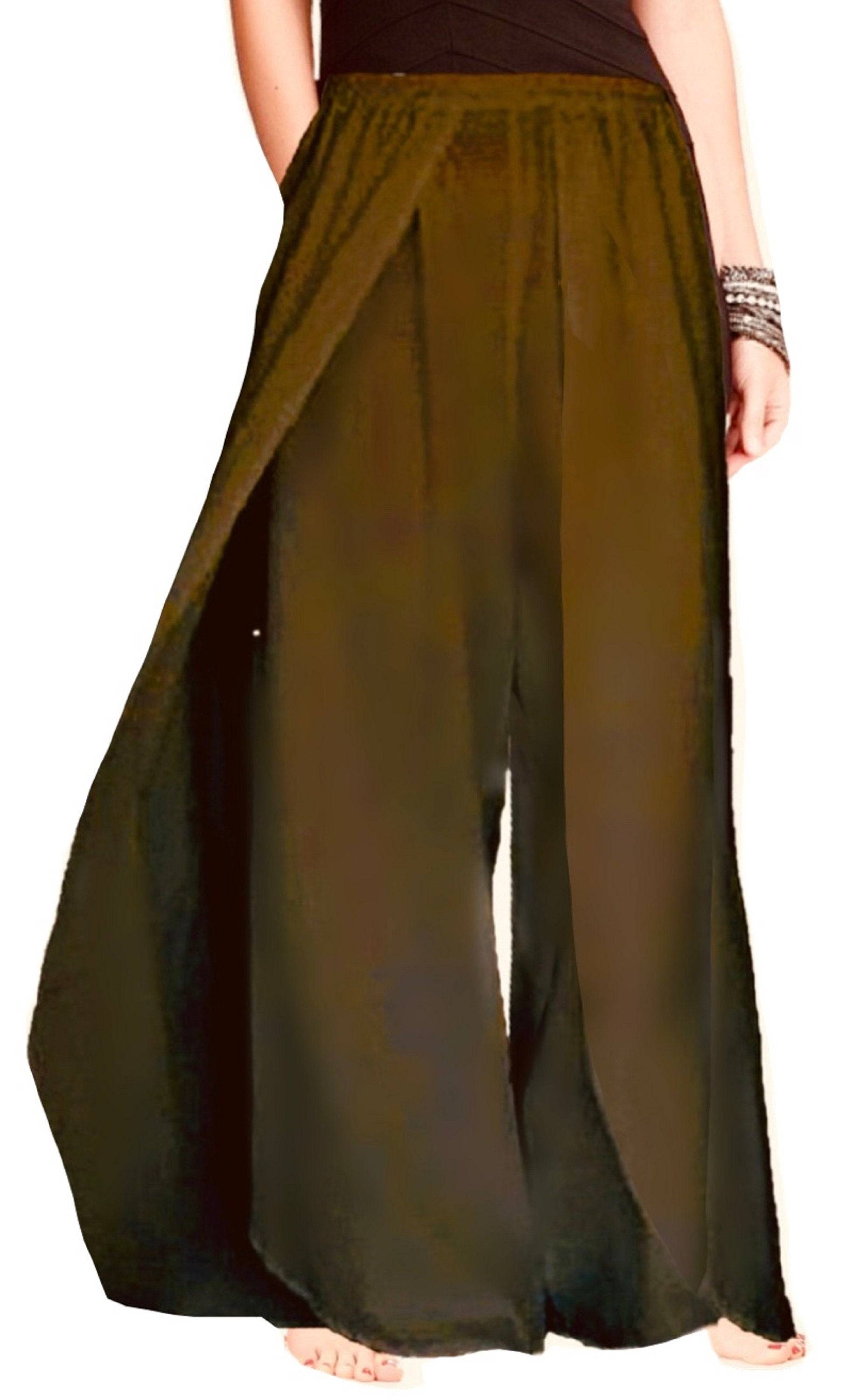 Khaki full-length layered pants with an elastic waist, offering a flowy and relaxed fit for all sizes.