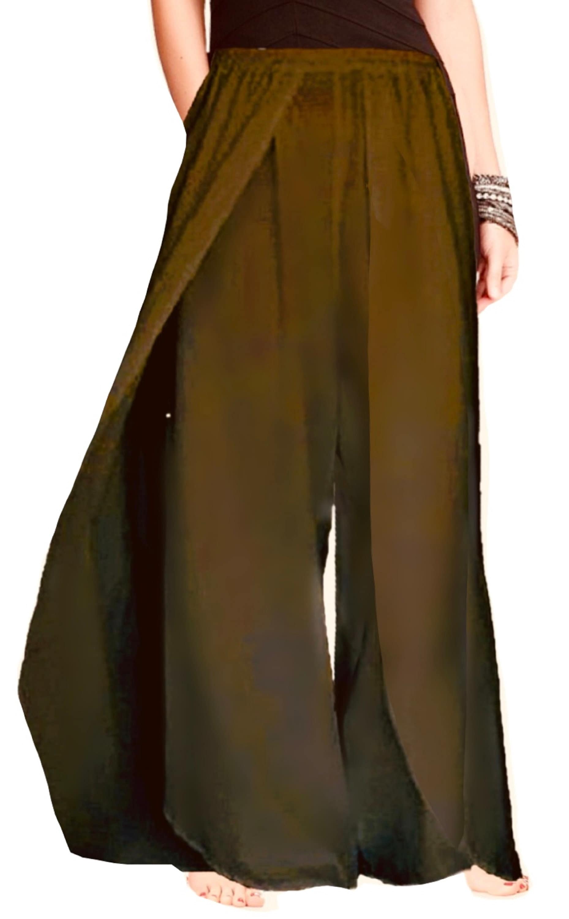 Earthy brown rayon pants with an elastic waist and layered faux wrap, perfect for a boho-inspired wardrobe.
