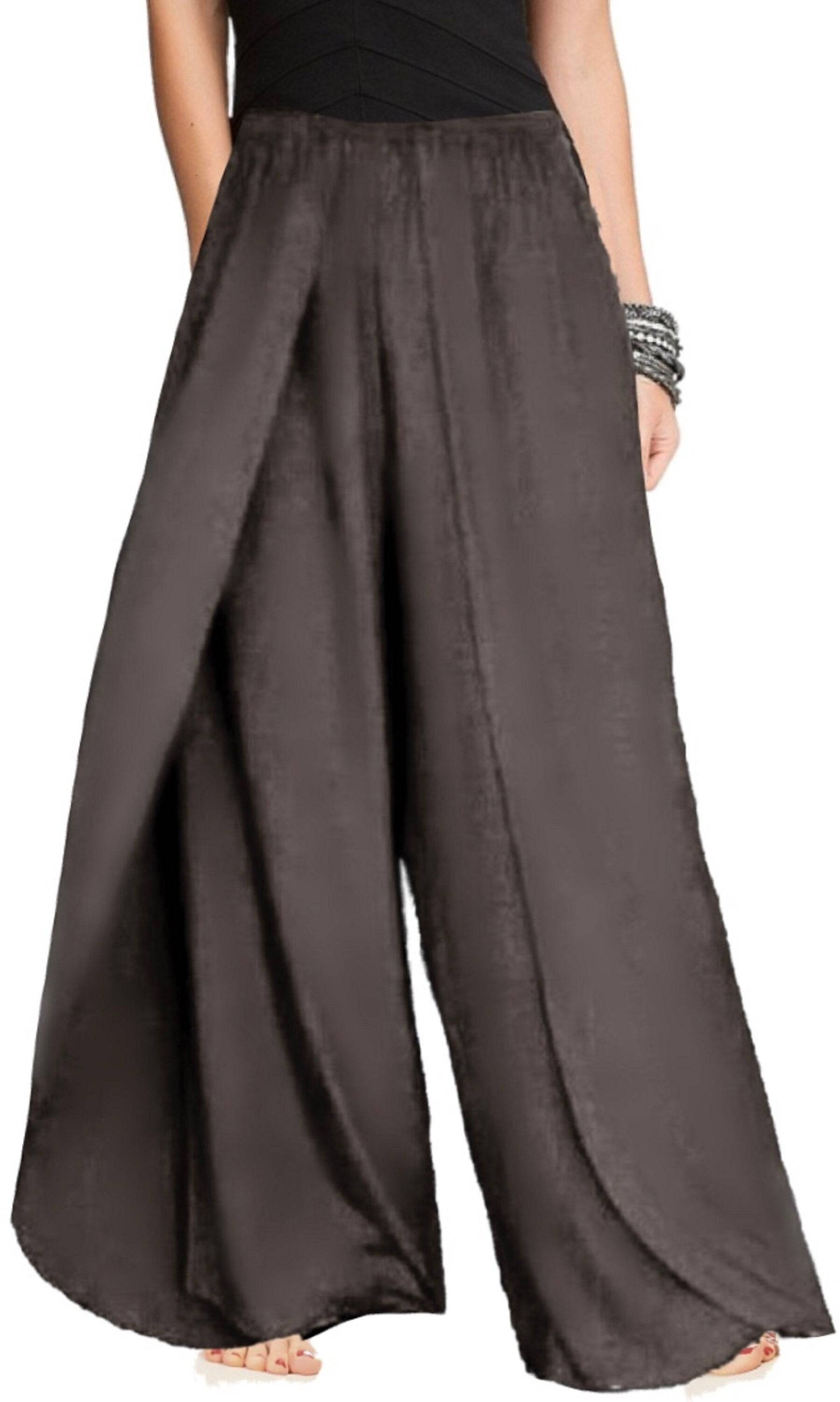 Gray faux wrap layered pants with an elastic waist, featuring a loose and flowy design. Comfortable and stylish for everyday wear.