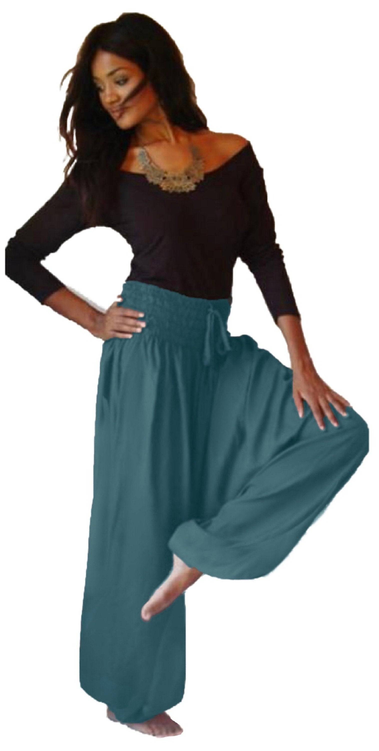 Teal harem elastic smocked diaper pants with waistband. Comfortable and stylish women&