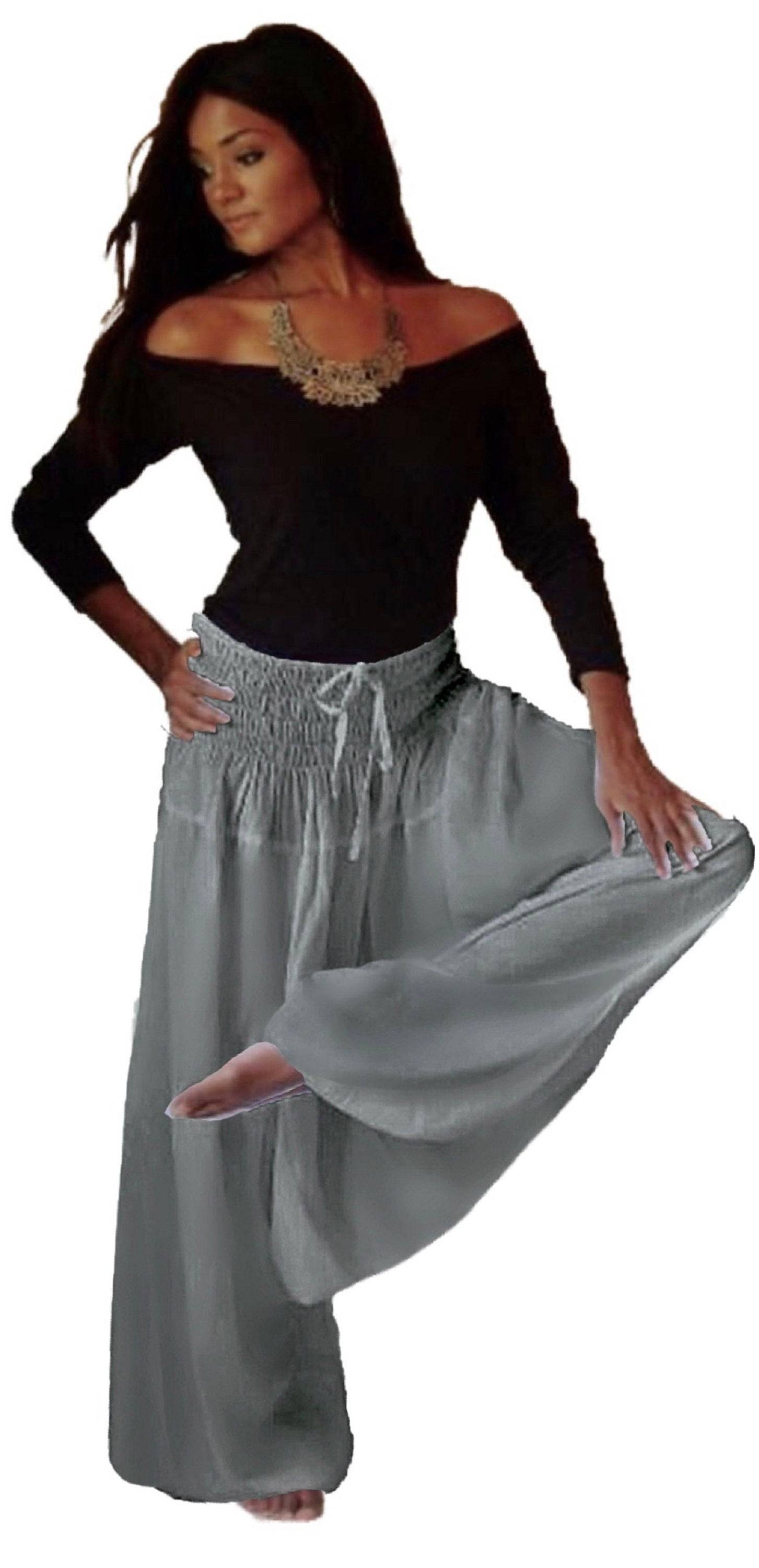 Light gray harem elastic smocked diaper pants with waistband. Soft and airy women&