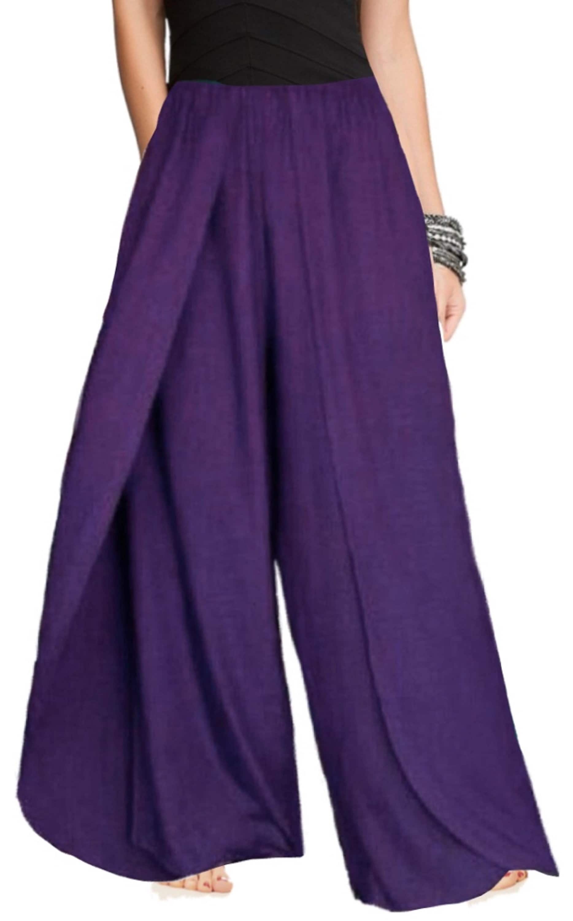 Deep purple faux wrap layered pants with an elastic waist, offering a stylish and relaxed fit. Great for casual and bohemian outfits.