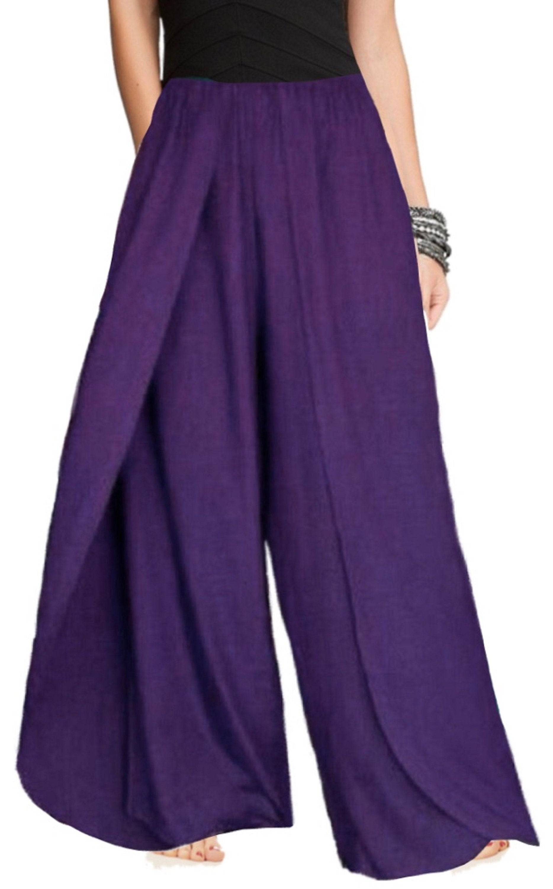 Vibrant purple rayon pants with an elastic waist and layered faux wrap, adding a bold touch to any outfit.