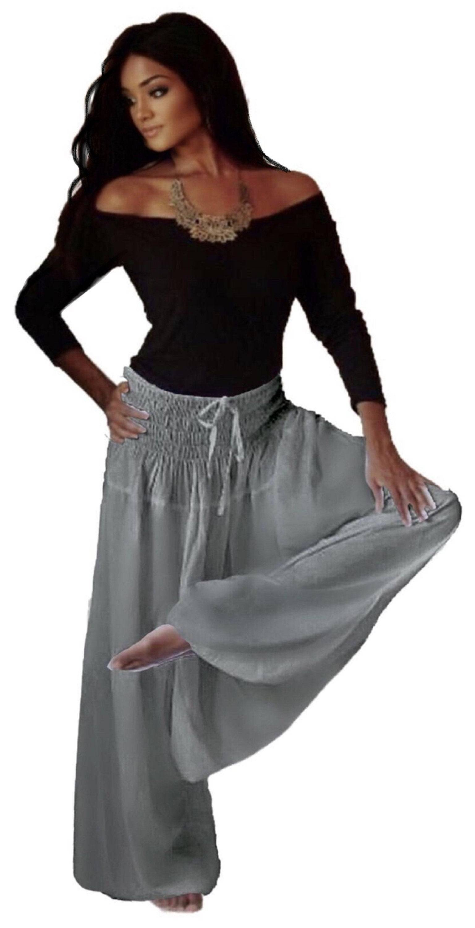 Light gray harem diaper pants with an elastic smocked waistband, perfect for casual, yoga, or lounge wear in a relaxed fit.