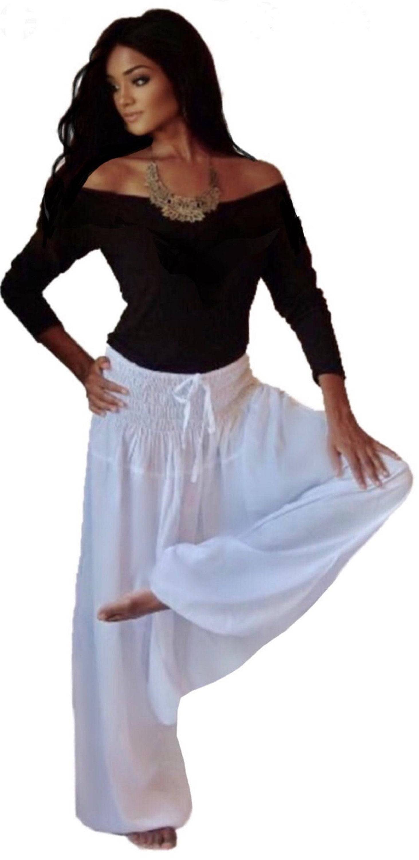 White harem elastic smocked diaper pants with waistband. Elegant and breathable women&