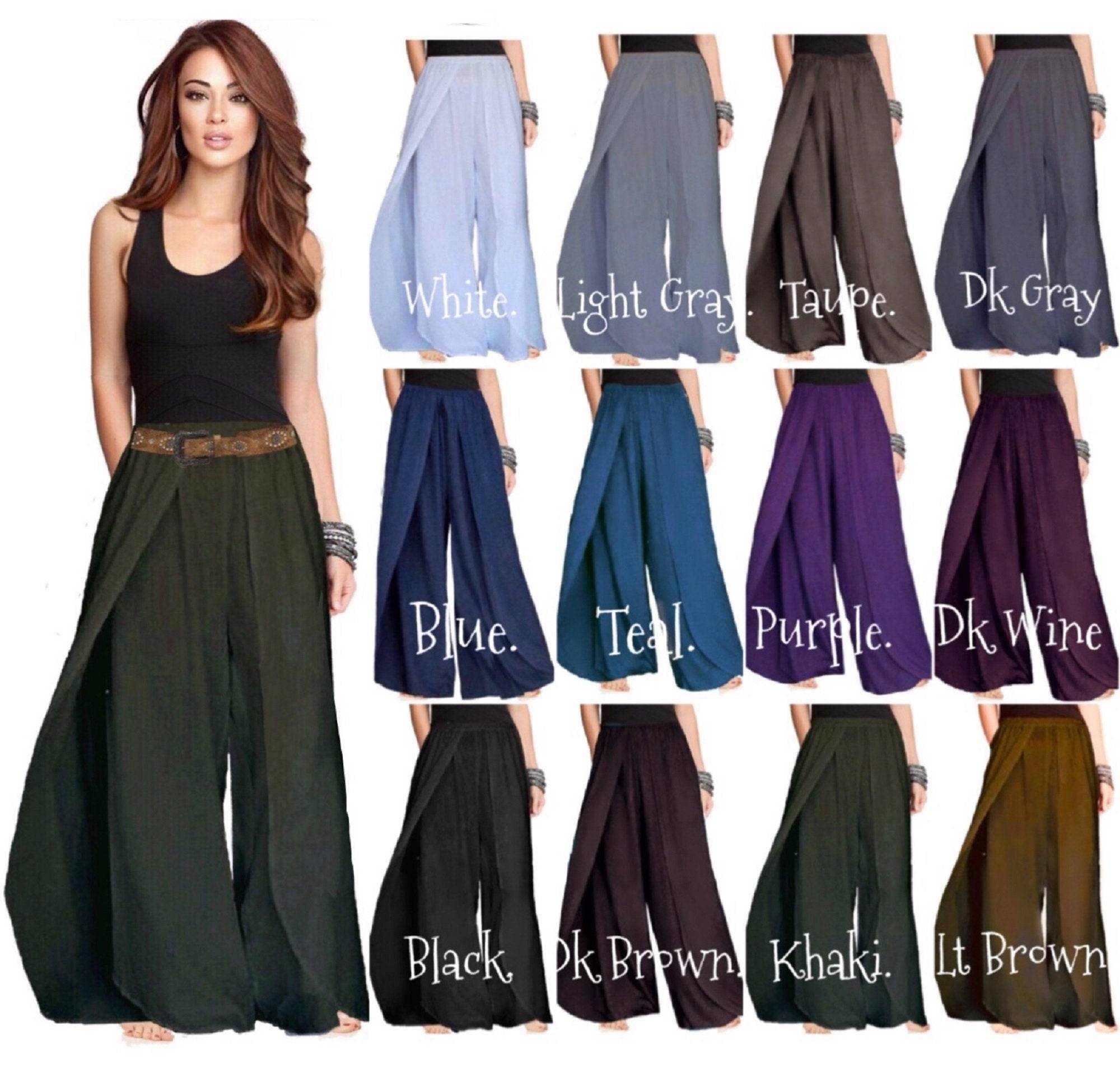 Collection of stunning rayon pants with elastic waist and layered faux wrap in multiple colors, including black, blue, purple, and khaki.