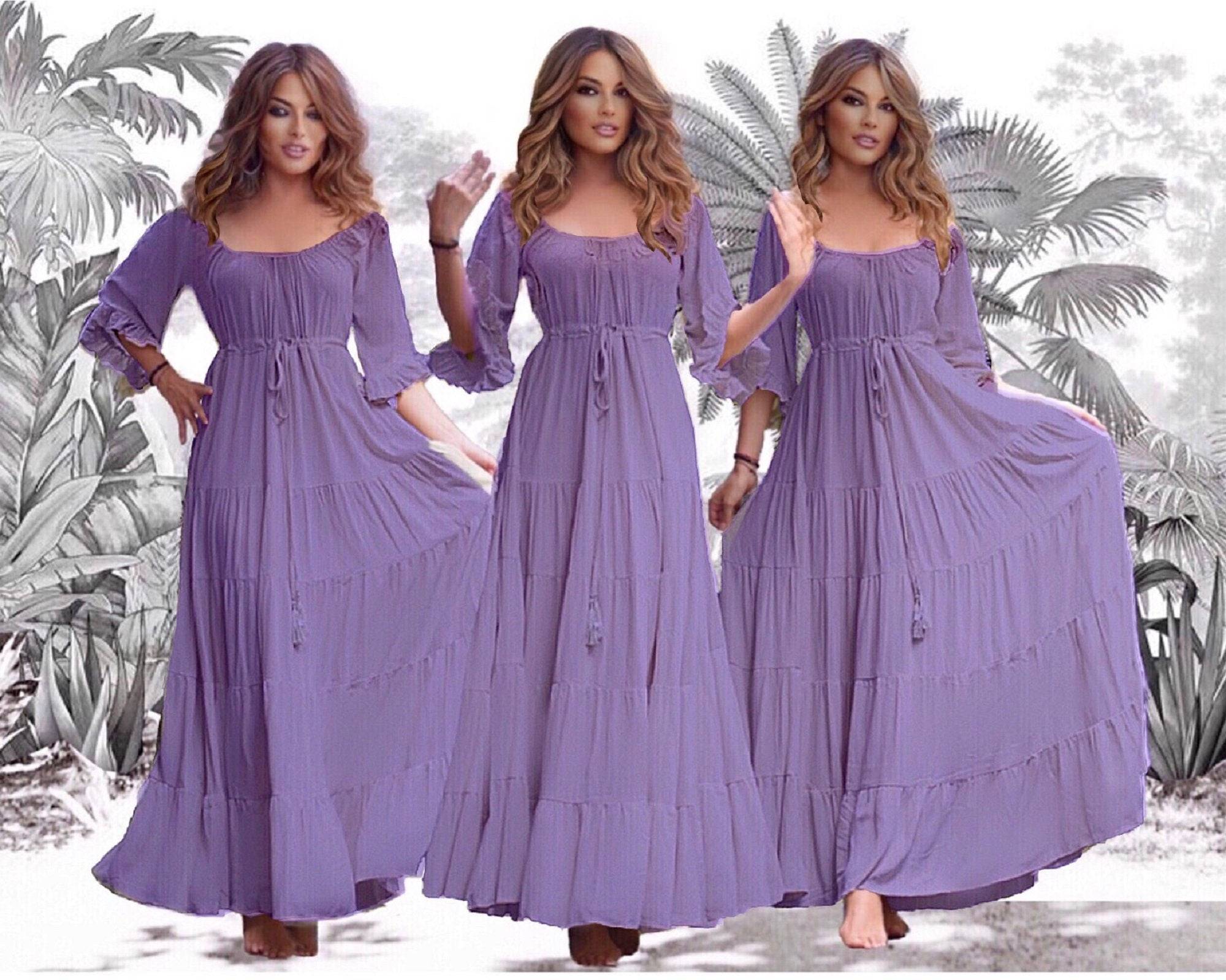 Lavender maxi dress with sleeves, designed with a flattering empire bust and tiered skirt. Ideal for boho, plus-size, and Wiccan fashion lovers.