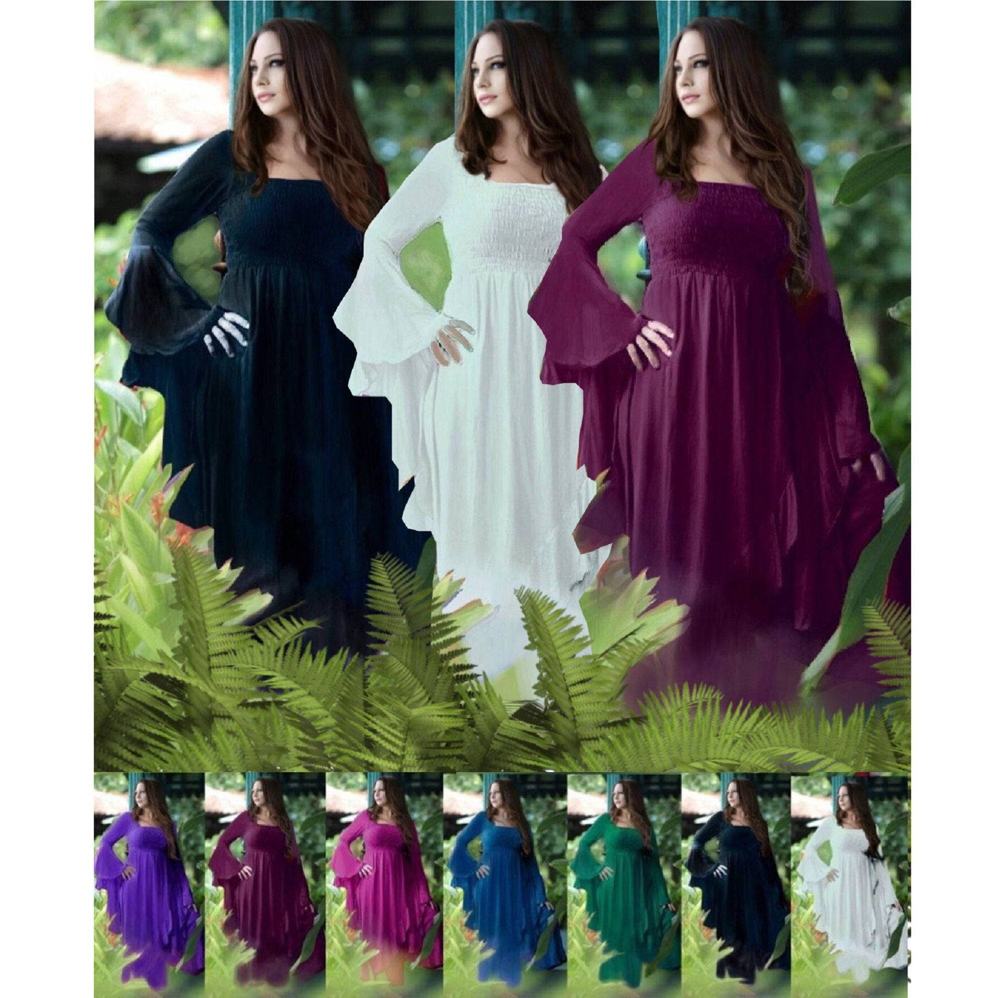 Collection of ruffle wrap maxi dresses with waterfall sleeves in various colors, showcasing a bohemian empire waist design for women&
