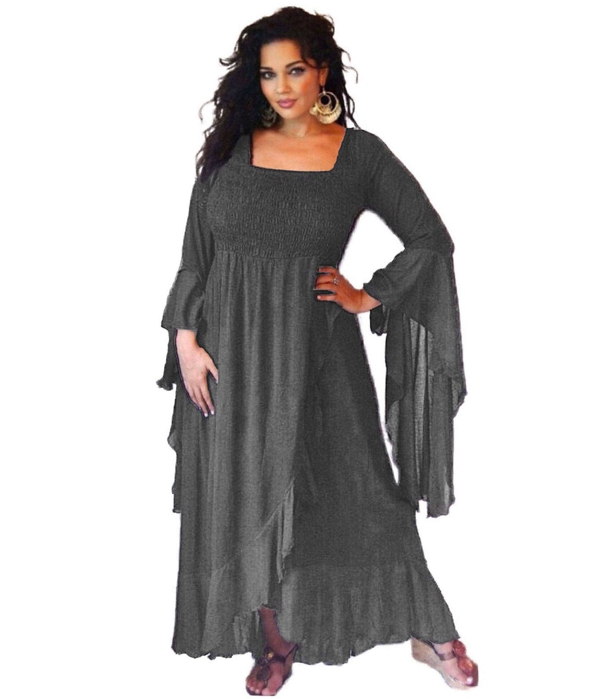 Chic gray ruffle wrap maxi dress with waterfall sleeves, offering a timeless and elegant look with a flattering empire waist and flowing skirt.