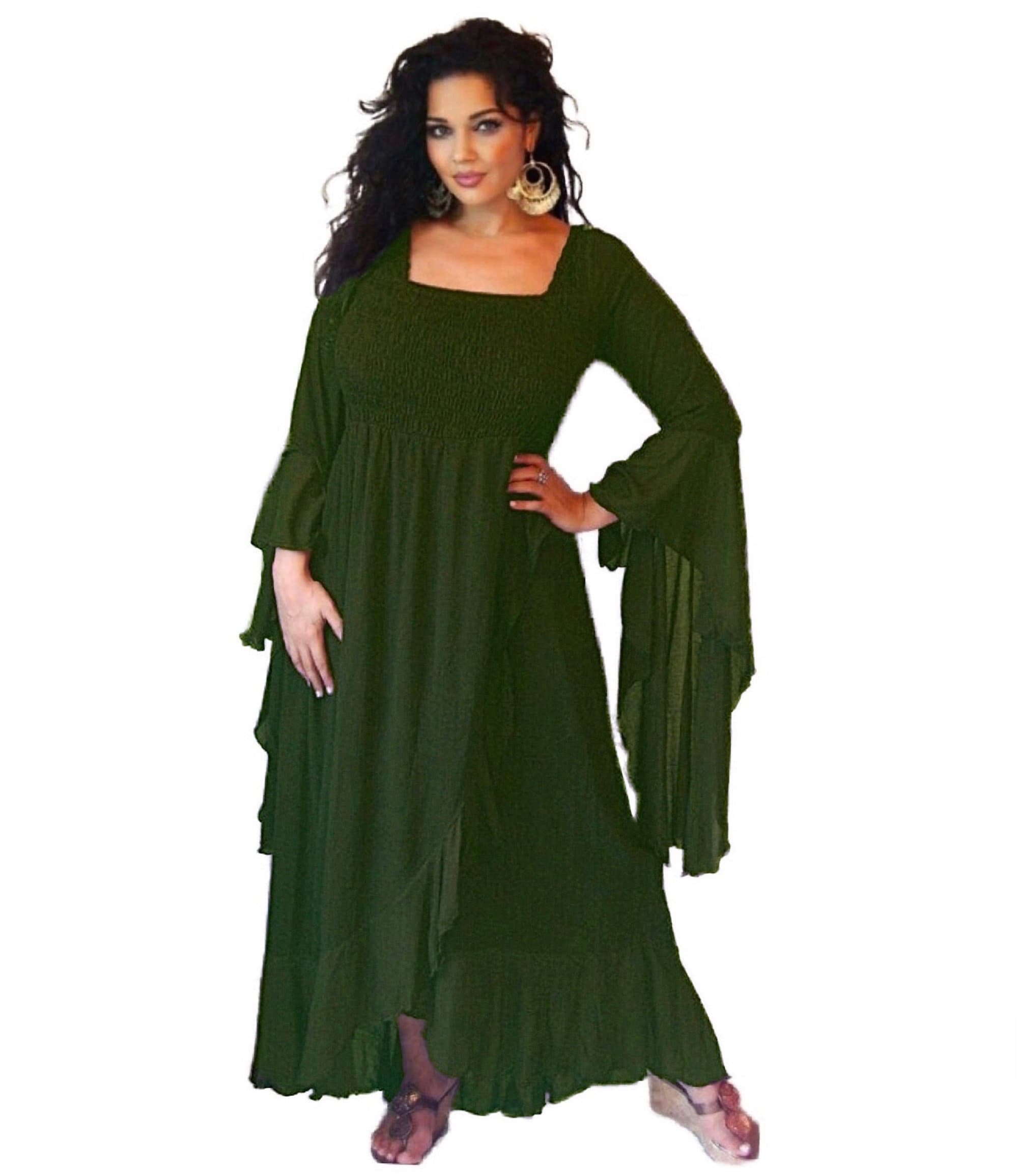 Forest green ruffle wrap maxi dress with waterfall sleeves, designed with a smocked bodice and flowing silhouette for a bohemian-inspired look.