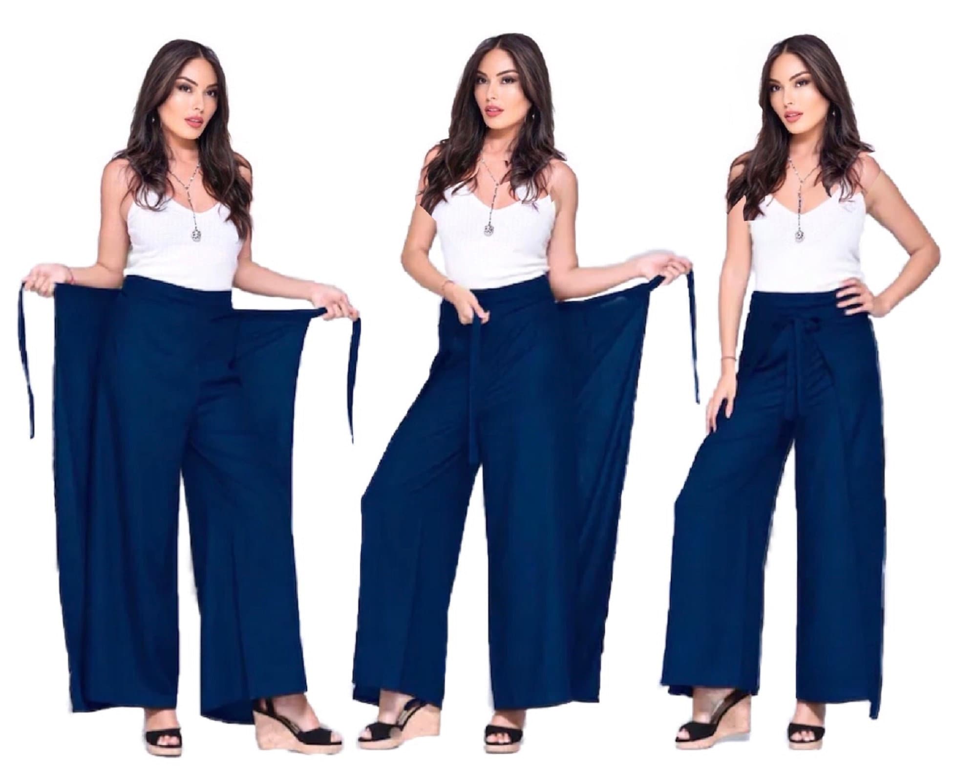 Navy blue wrap tie palazzo pants shown in three steps—open, mid-tie, and fully secured—paired with a white tank top.