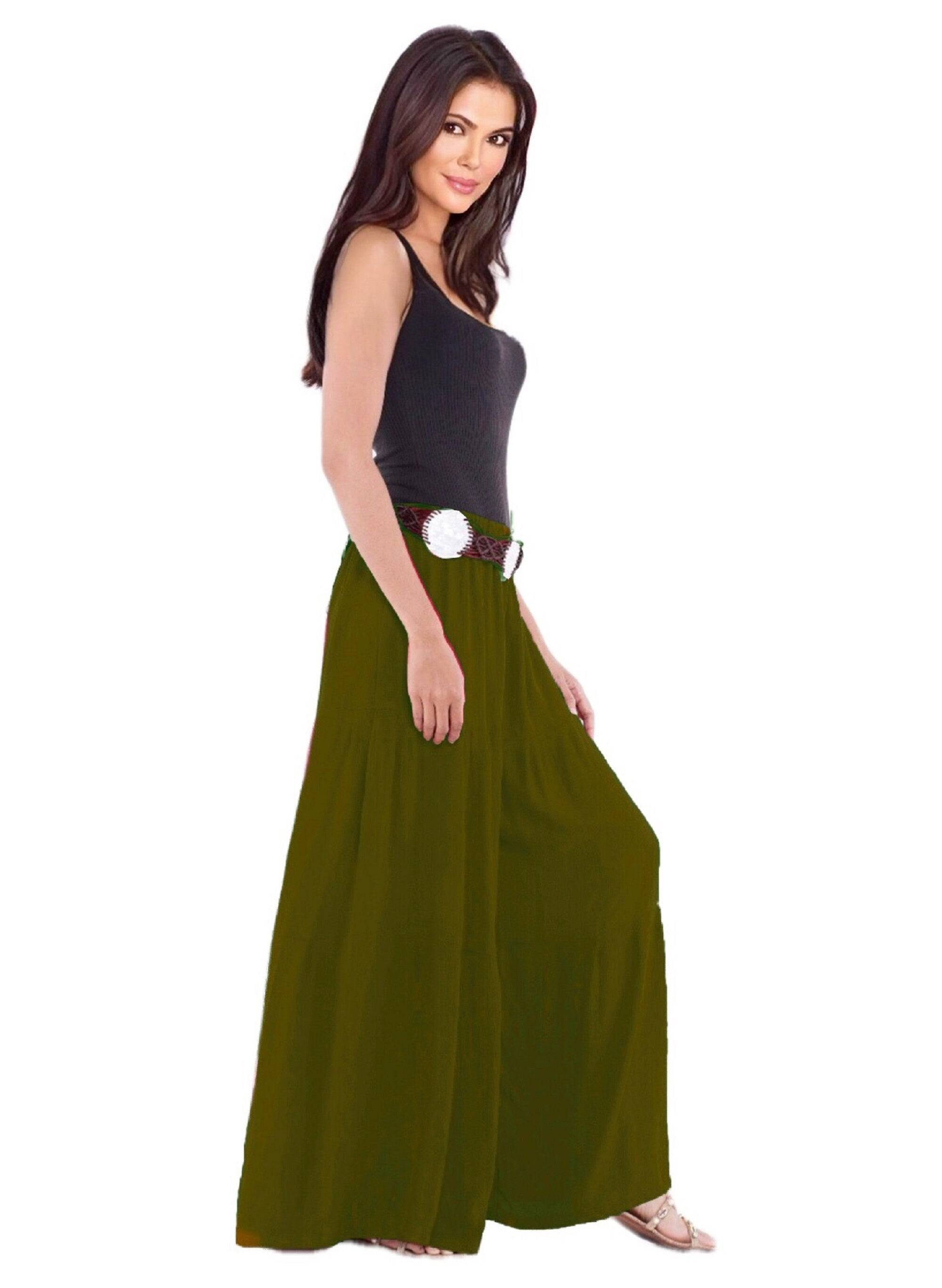 Olive green gauchos wide-leg ruffled pants with an elastic waist and drawstring ties. A trendy and comfortable addition to any wardrobe.