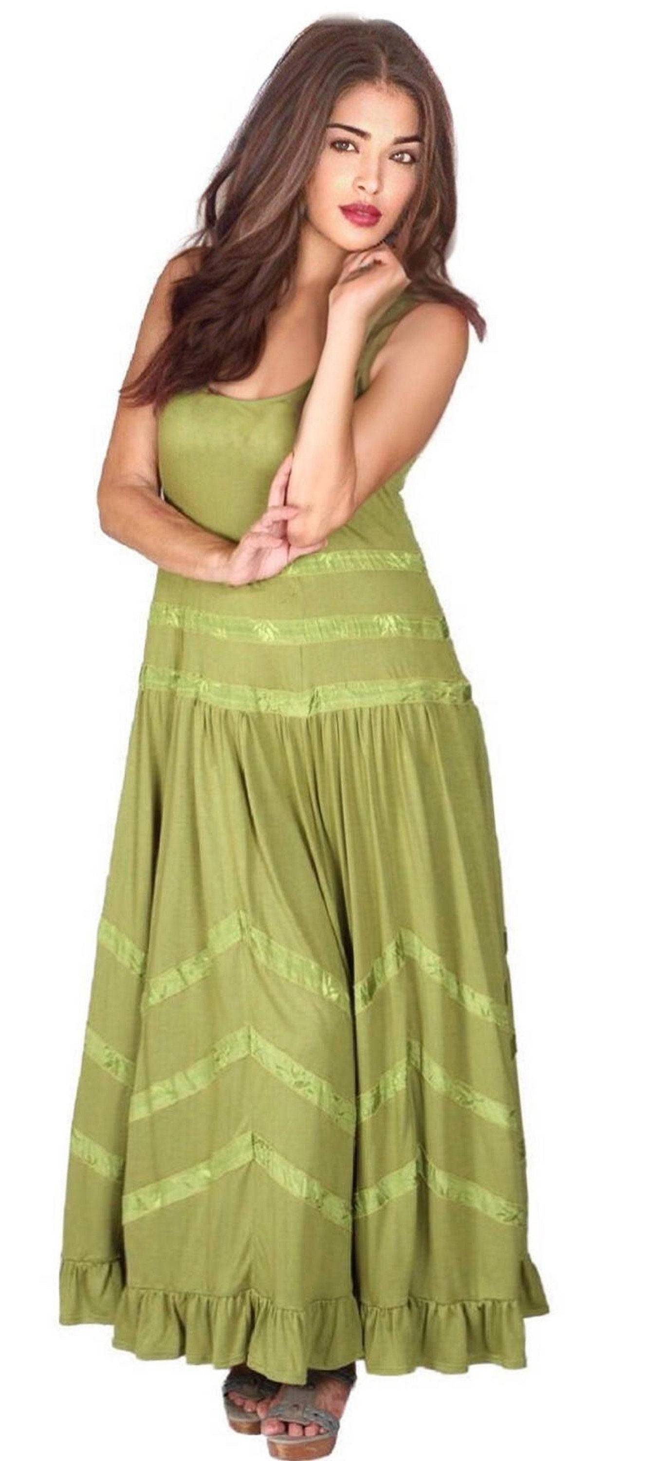 Green vintage jersey maxi dress with stretch fabric and zig-zag trim. Sleeveless, flowy design perfect for boho fashion lovers.