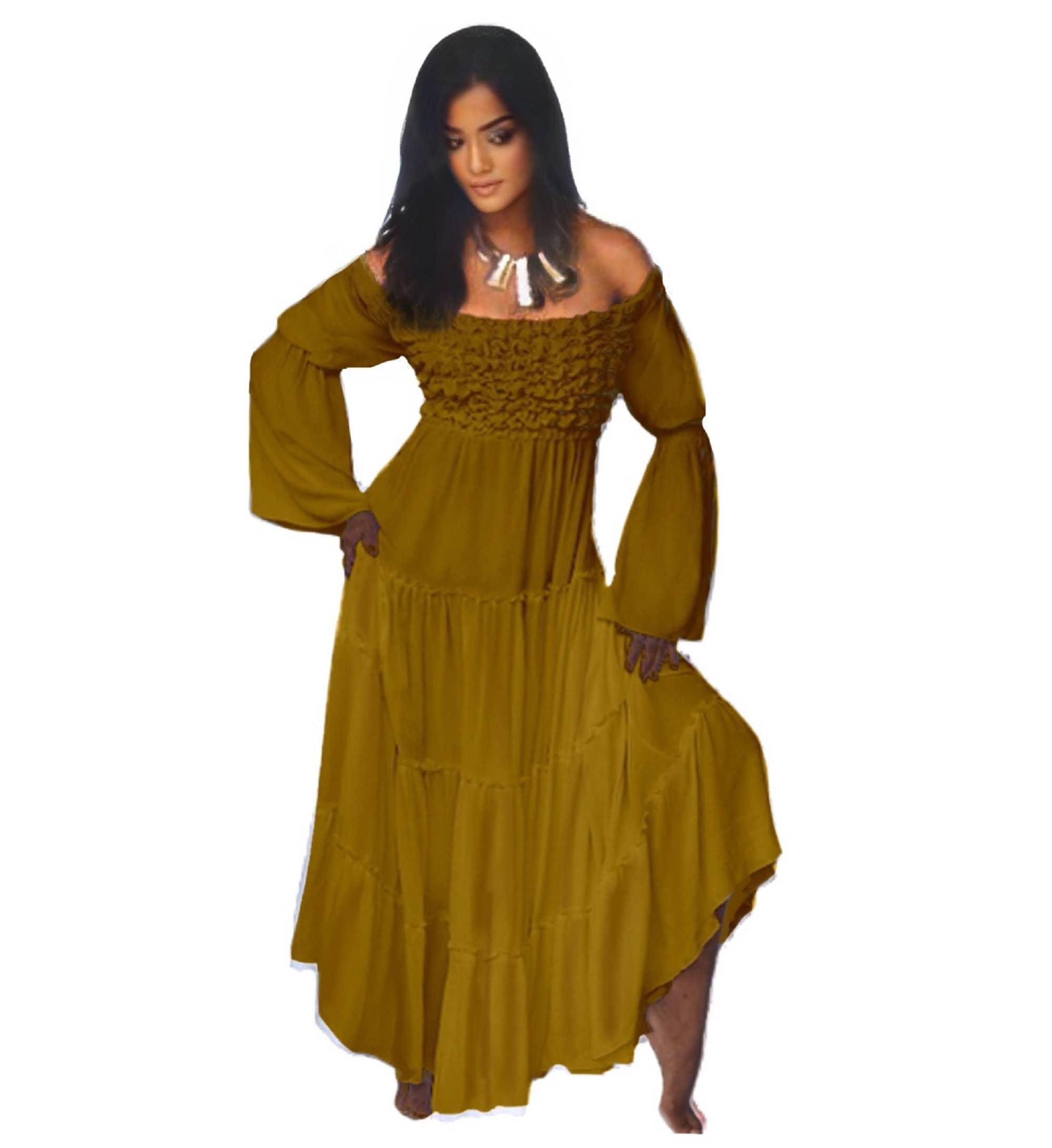 Lady Belle Maxi Dress in mustard yellow with ruffle bodice and empire waist, offering a stylish and comfortable fit for all sizes.