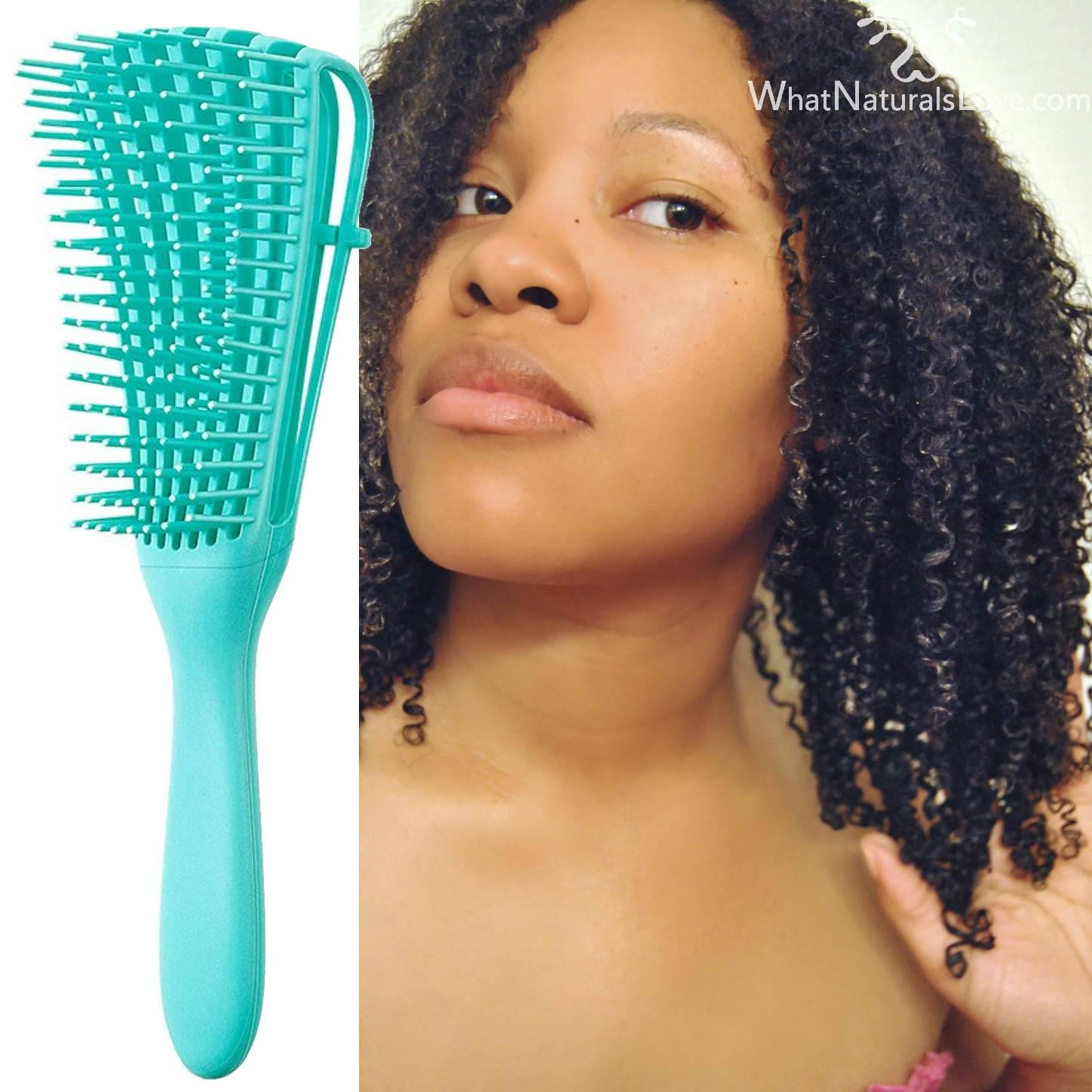 Painless Detangler Brush for 4C hair shown with natural curls, ideal for easy detangling and reducing breakage in textured hair types.
