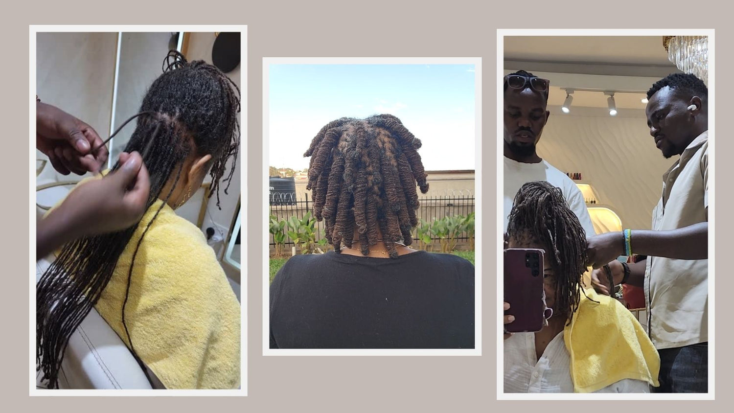 Collage of a person getting their Micro Locs retied at a Loctician in Kigali, Rwanda