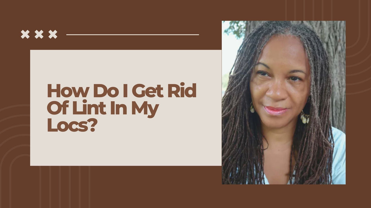 Woman with long locs smiling beside text asking how to get rid of lint in locs.