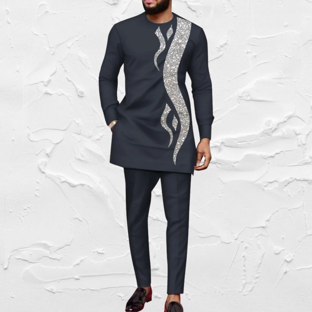 African Suit for Men Grey Blue with embroderie
