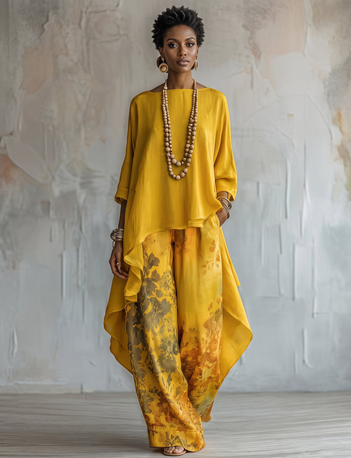 A woman models a two-piece outfit consisting of a bright yellow high-low top and matching wide-leg pants with a yellow, orange, and brown abstract floral print. She is accessorized with a long beaded necklace and gold jewelry, standing against a textured, light gray and beige painted wall.