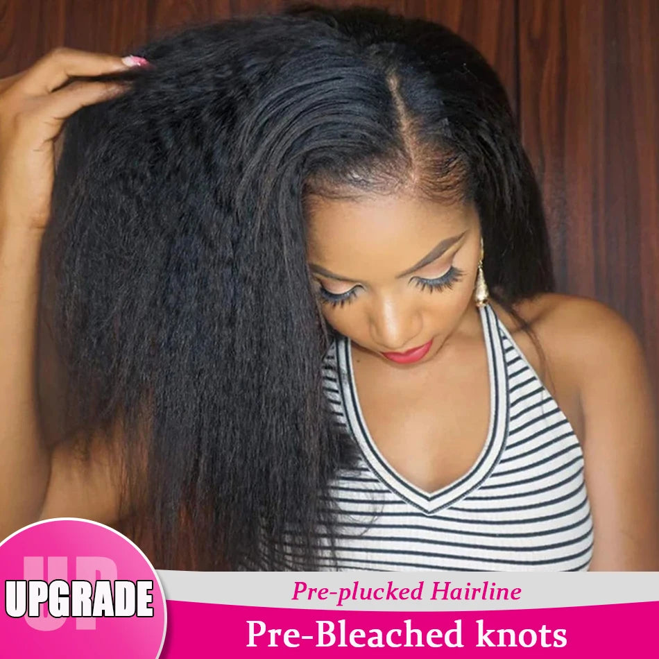 Woman with styled hair, text indicating pre-plucked hairline and pre-bleached knots.