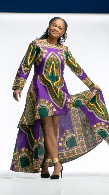 Robe Africaine Hi-Low Dashiki Vert, Or et Rouge pour orner toutes les morphologies du XS au 6X