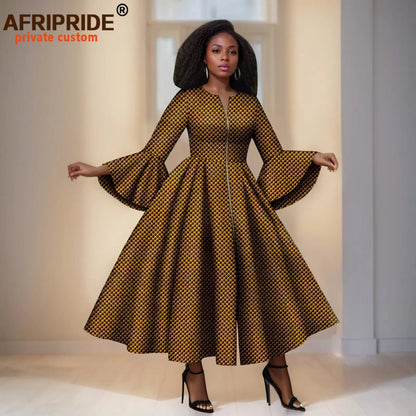  Ankara Maxi Dress With Yellow &amp; Black Patterns – Bell Sleeves &amp; Zipper Detail