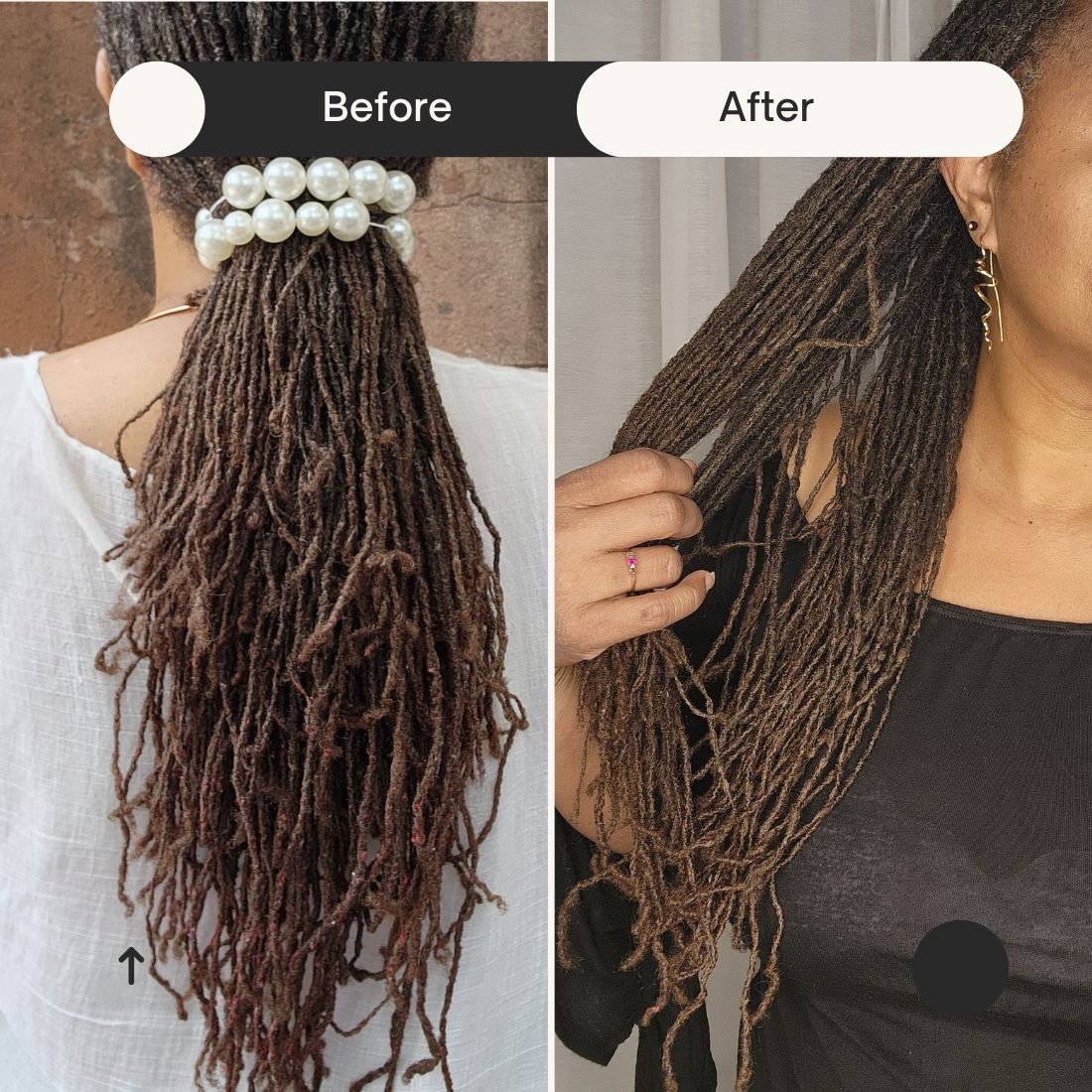 Before and after comparison of locs using the Loc Lint Remover. Shows improved cleanliness and reduced lint buildup in dreadlocks.