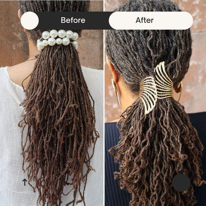 Side-by-side before and after results of locs treated with the Loc Lint Remover. Noticeably cleaner and well-groomed hair.