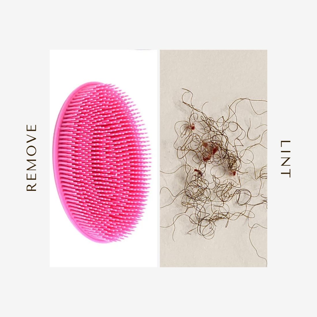 Pink Loc Lint Remover brush alongside removed lint. Demonstrates the effectiveness of the tool in cleaning locs and removing debris.