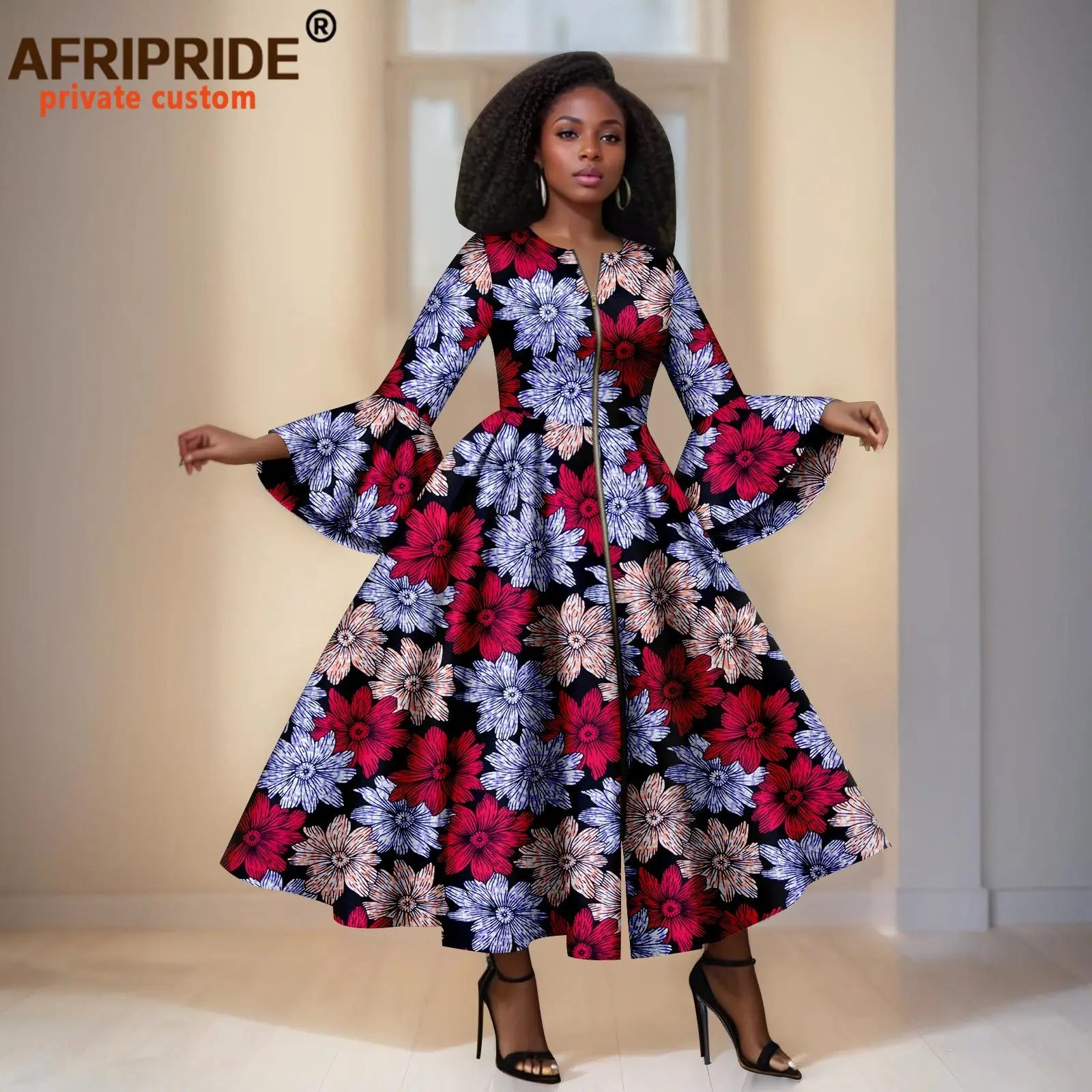 Black Ankara Maxi Dress With Flowers in Multiple Colours – Bell Sleeves &amp; Zipper Detail