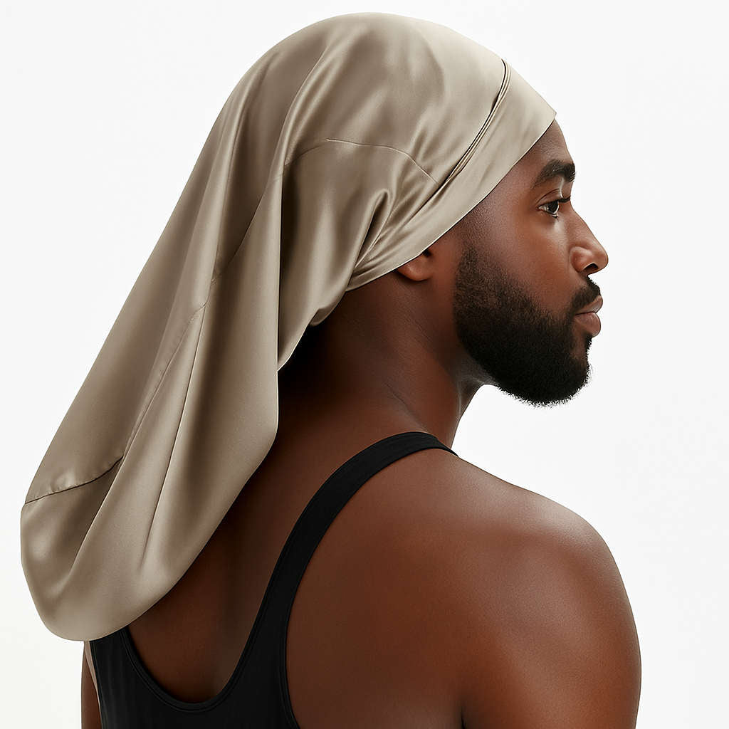 Man wearing a beige silk bonnet over his long dreadlocks 