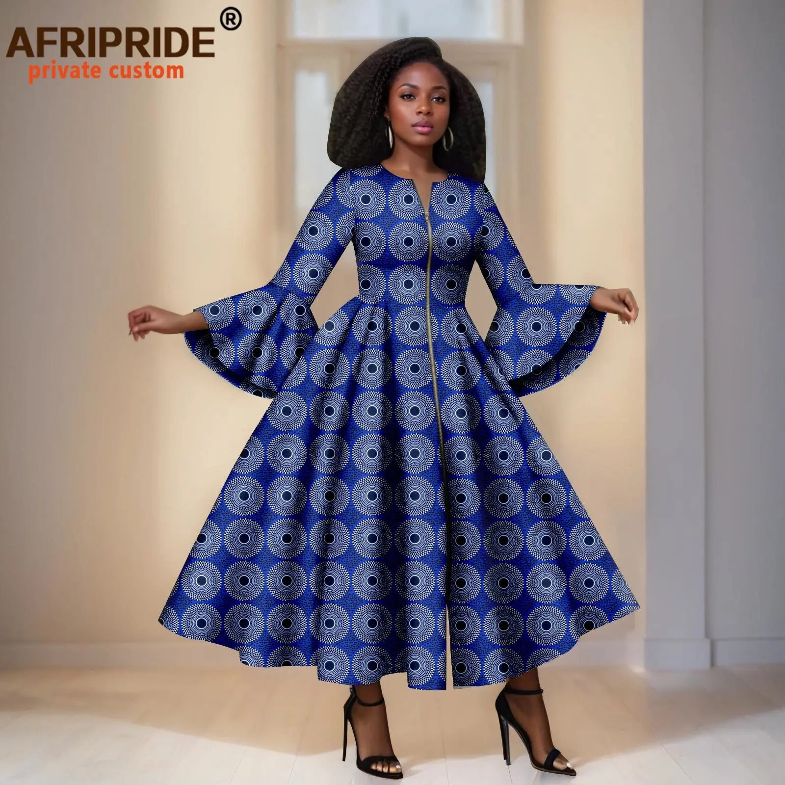 Blue Ankara Maxi Dress With Light Blue Circles &amp; Black Dots – Bell Sleeves &amp; Zipper Detail