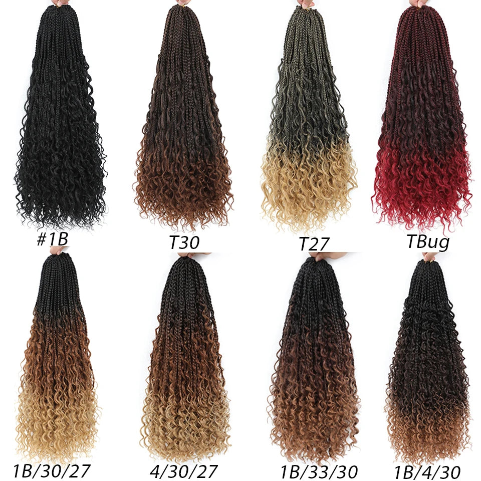 Collection of ombre braiding hair extensions in various colors on a white background.