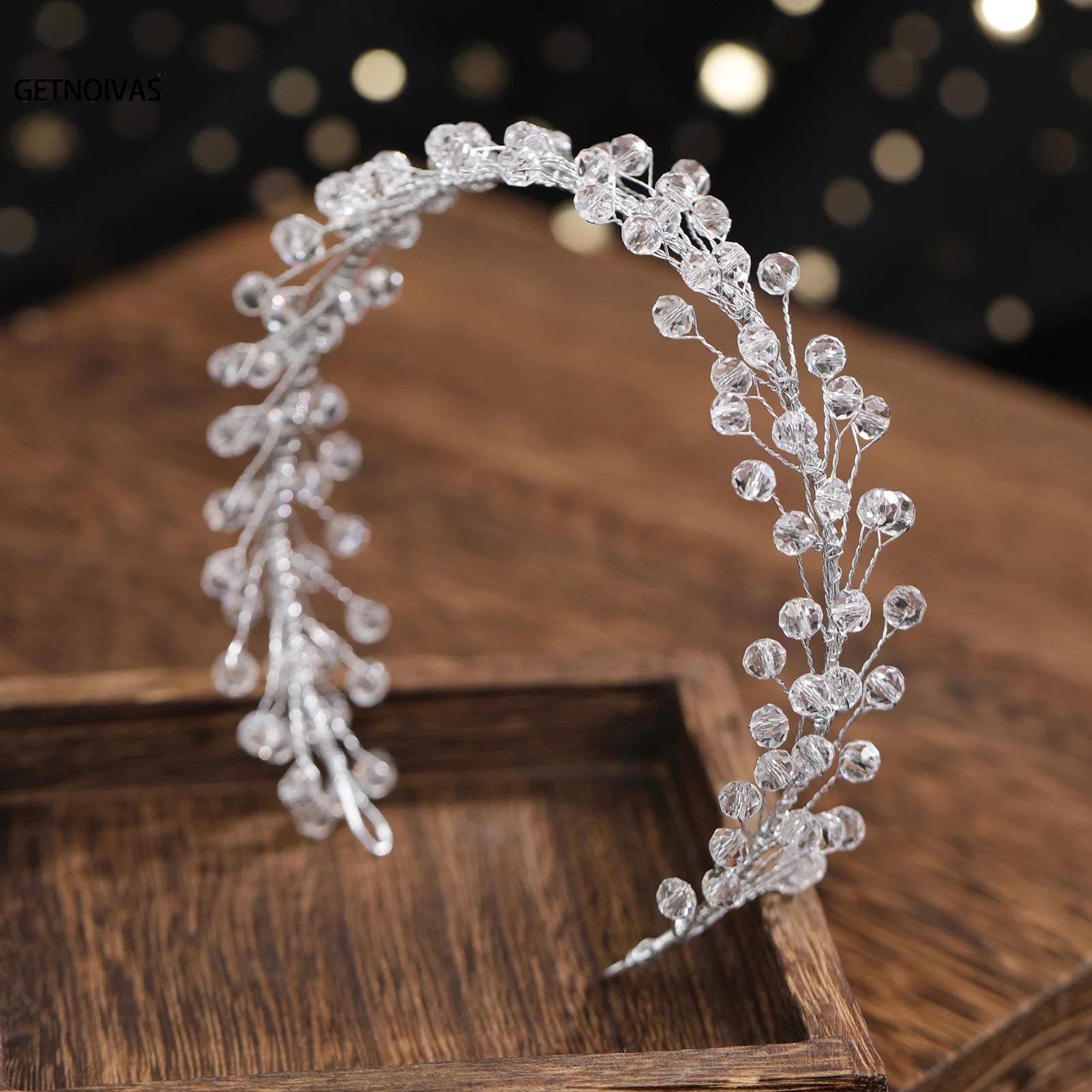 SPARKLING CLEAR CRYSTAL BRIDAL HEADBAND WITH SILVER WIRE, PERFECT FOR WEDDING HAIRSTYLES.