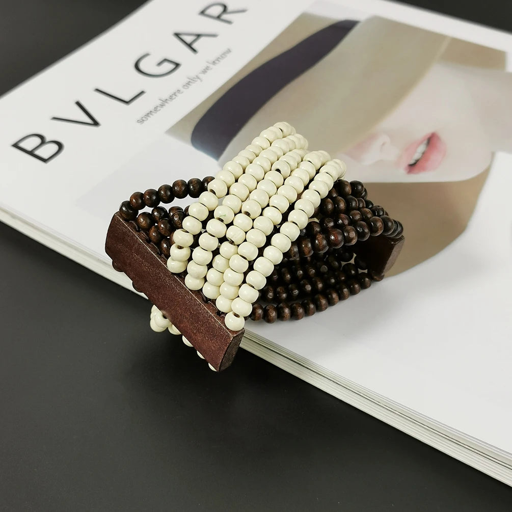 Brown &amp; White Wooden Bead Bracelet 