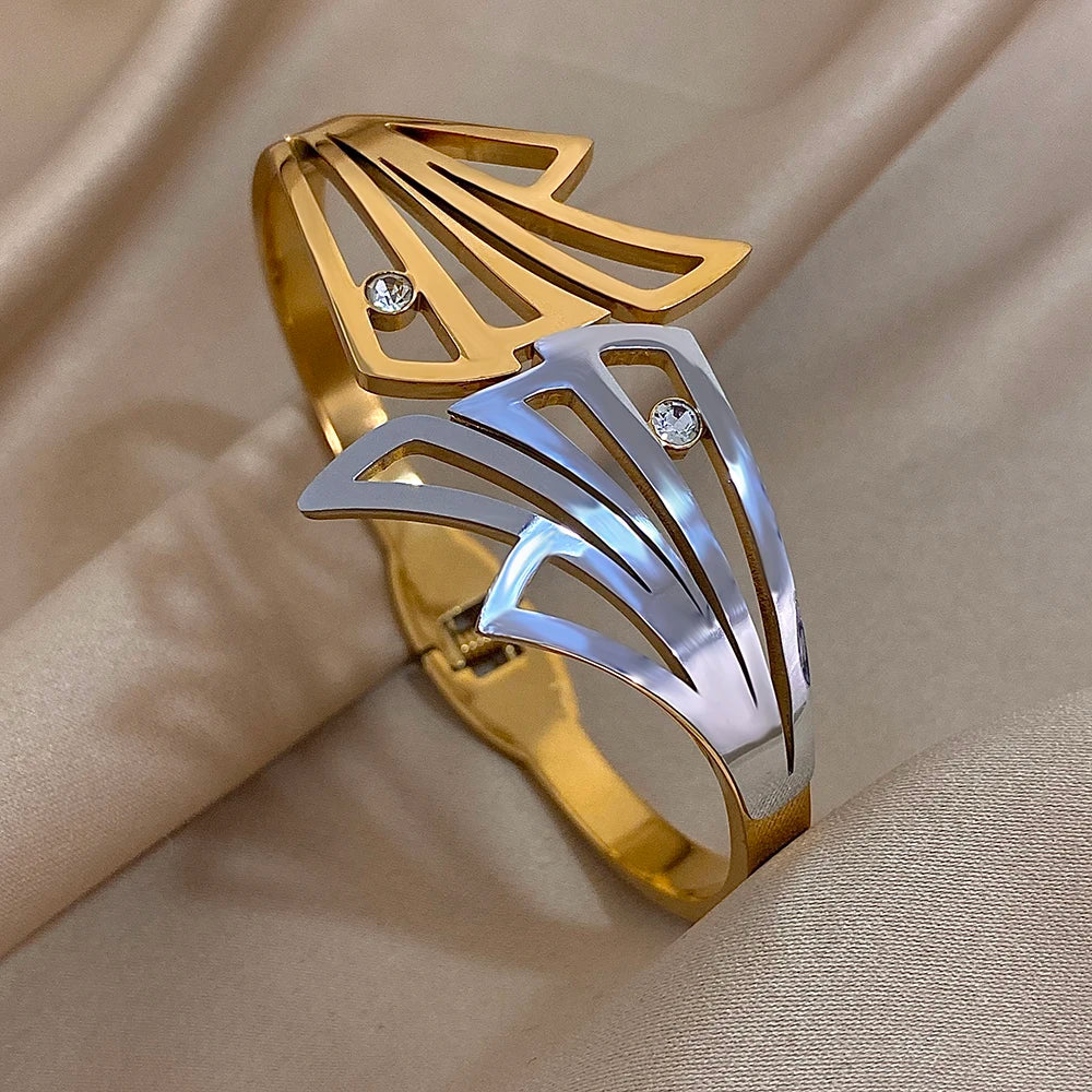 Butterfly Wing Hair Cuff with gold tone geometric wing design and crystal accents