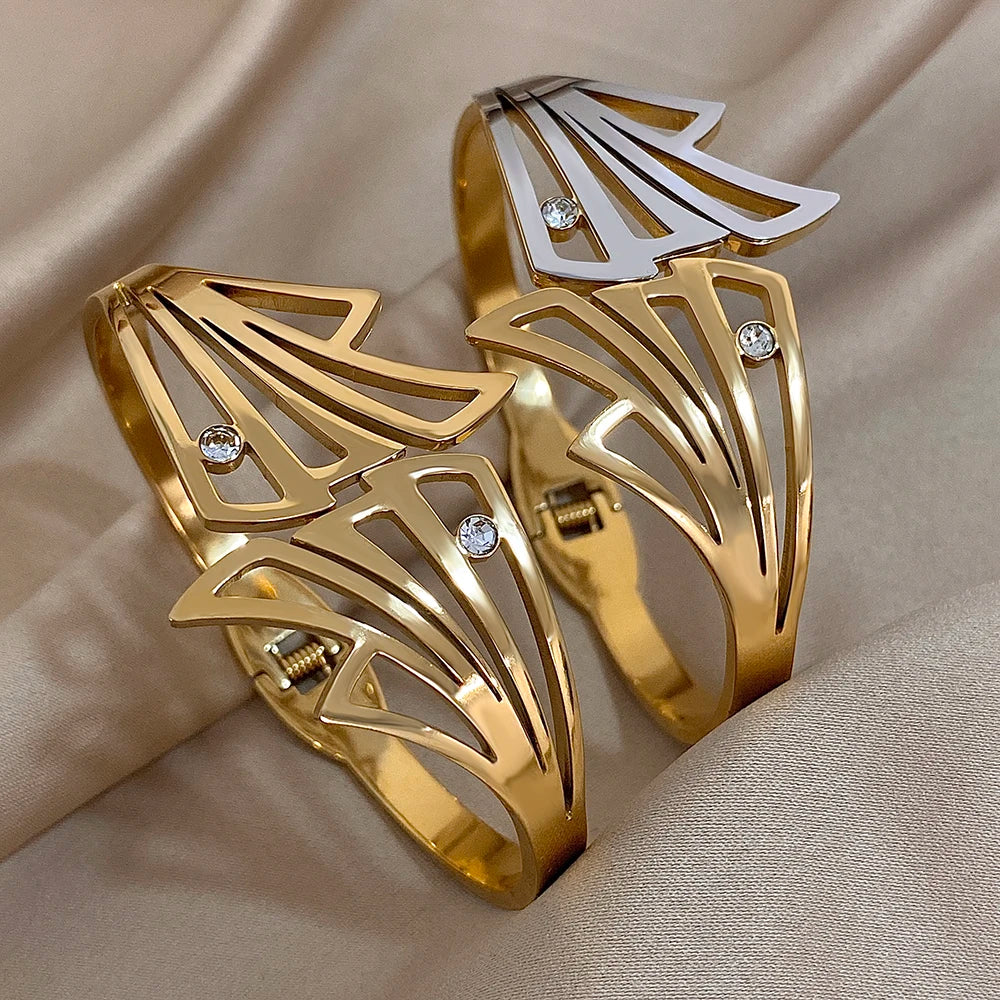 Two-tone Butterfly Wing Hair Cuff with gold and silver finish, shown from the side