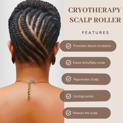 Cryotherapy Scalp Roller benefits from the Scalp Roller &amp; Silk Pillowcase Bundle - Healthy Locs Kit, highlighting scalp rejuvenation and pore unclogging.