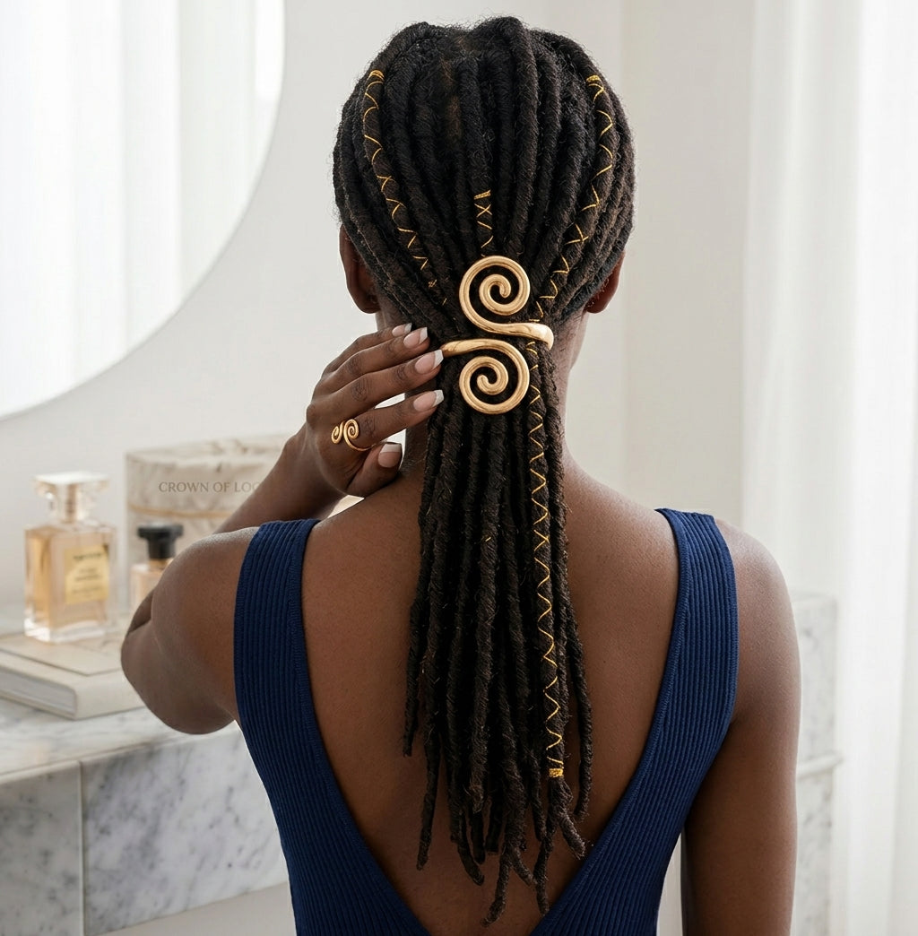 Matte gold spiral hair cuff holding locs in a low ponytail on a Black female model.