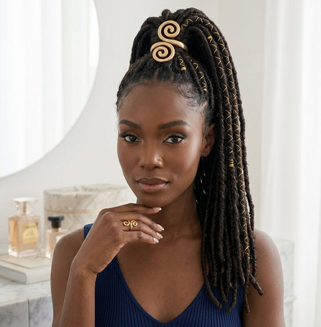 High ponytail hair cuff in matte gold featuring spiral design on Black woman with locs.
