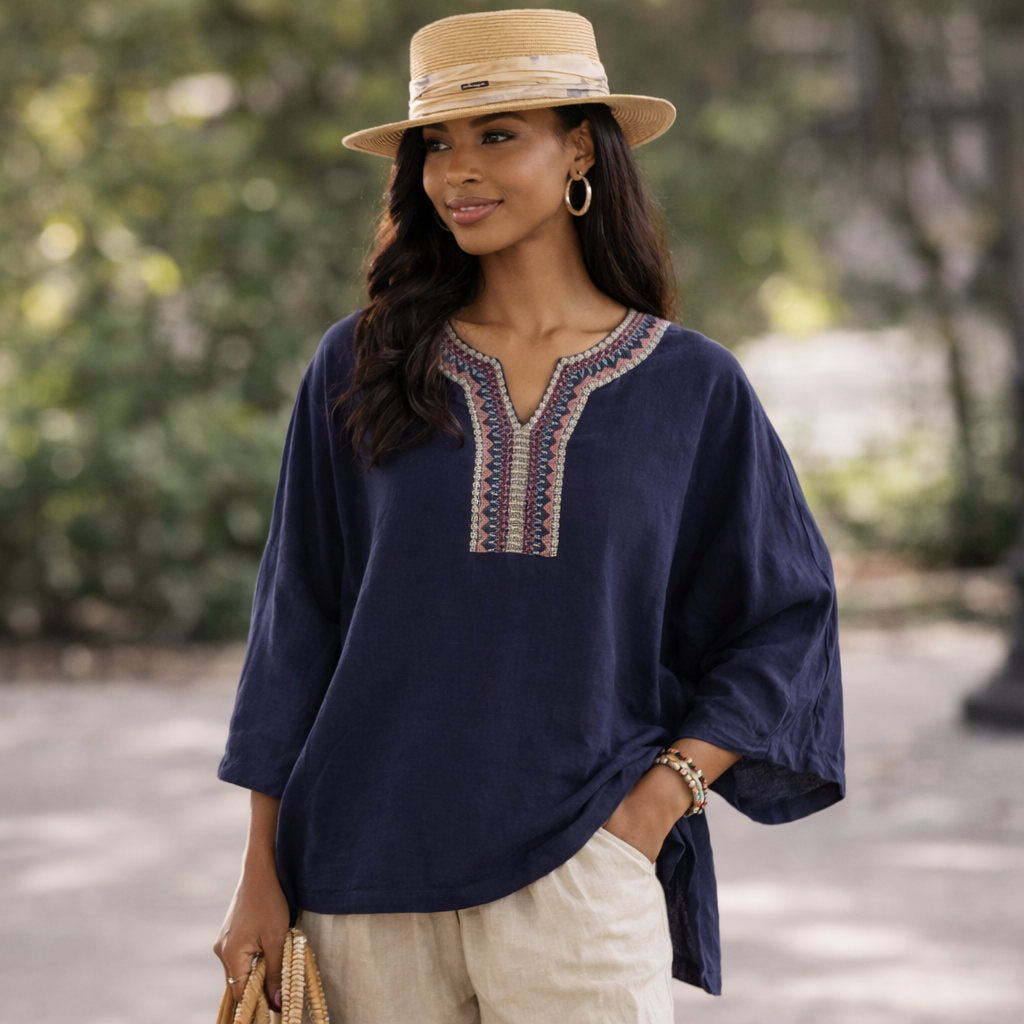 Embroidered Cotton Linen Pullover Top for Effortless Style