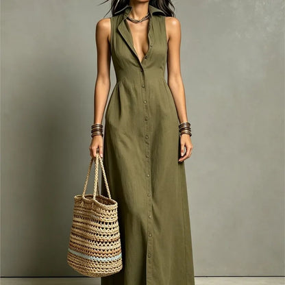 Fashion V-neck Maxi Dress Single Breasted Sleeveless