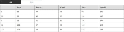 Size chart in centimeters for the one-shoulder maxi dress, detailing bust, sleeve, waist, hips, and length measurements for various sizes.