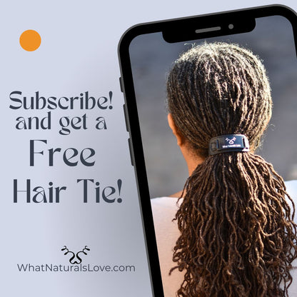 BAD Hair Uprooted Membership promotion featuring a phone screen displaying a woman with long locs tied with a hair accessory. Subscribe and get a free hair tie at WhatNaturalsLove.com.