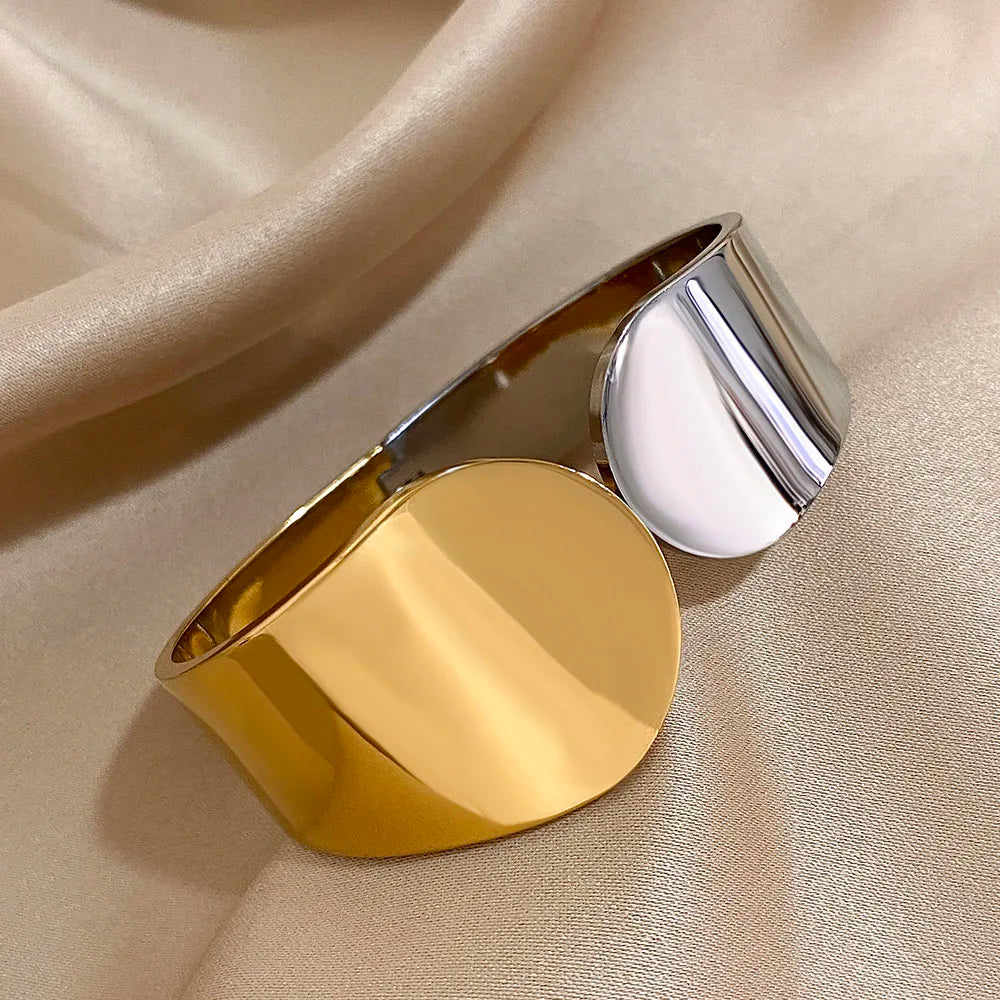 Geometric Glossy Chunky Cuff Bracelet –  Half Gold &amp; Half Silver