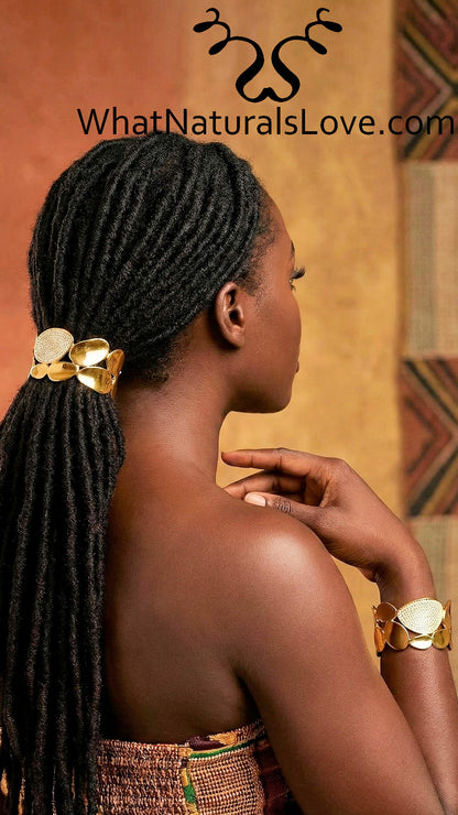 Black woman witth her locs in a low ponytail hold by the Gold Crystal Hair Cuff to crown your Ponytail