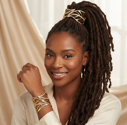 Woman with long locs in a high ponytail wearing a gold leaf crystal hair cuff, with a matching cuff on her wrist