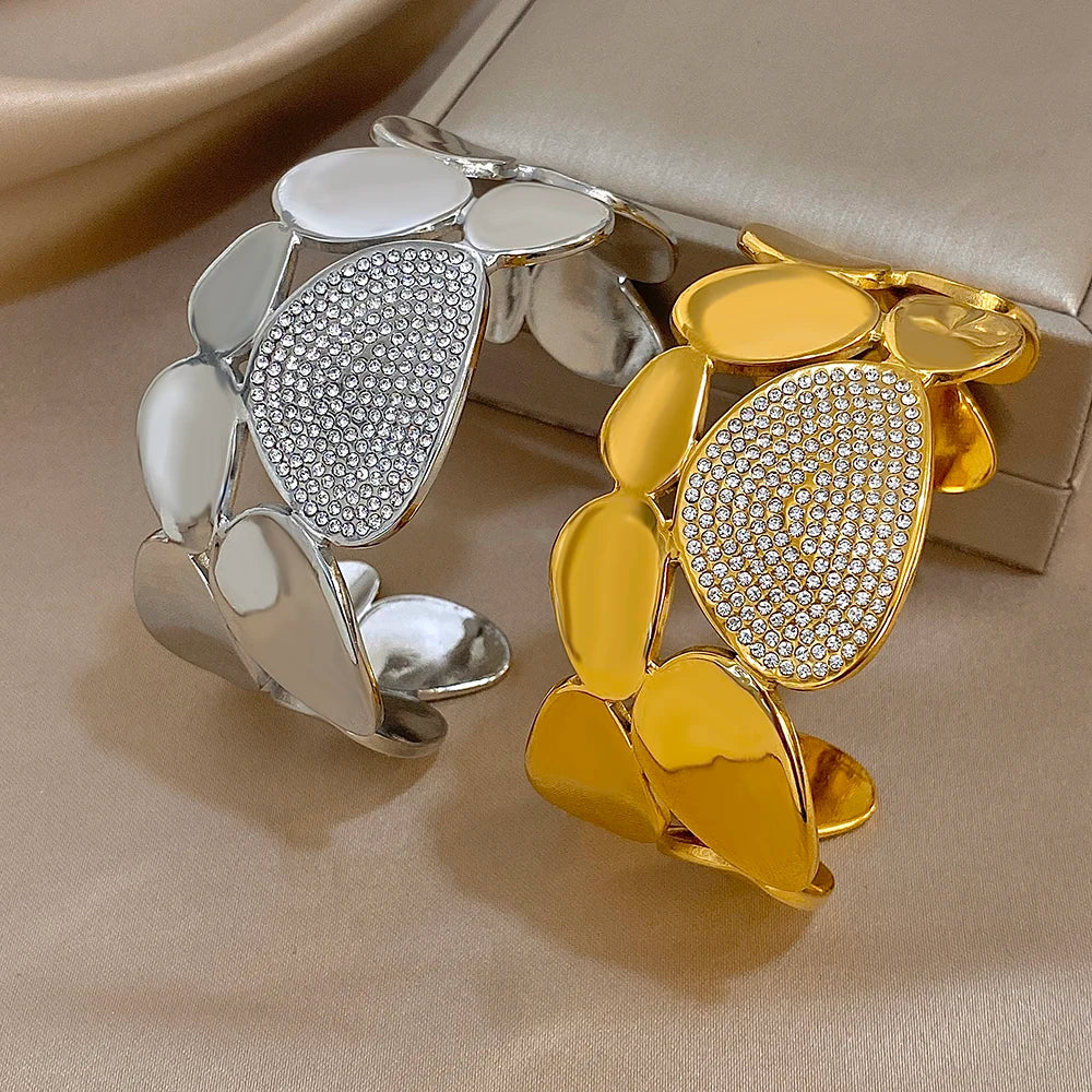 Gold &amp; Silver Crystal Geometric Wide Cuff Bracelet