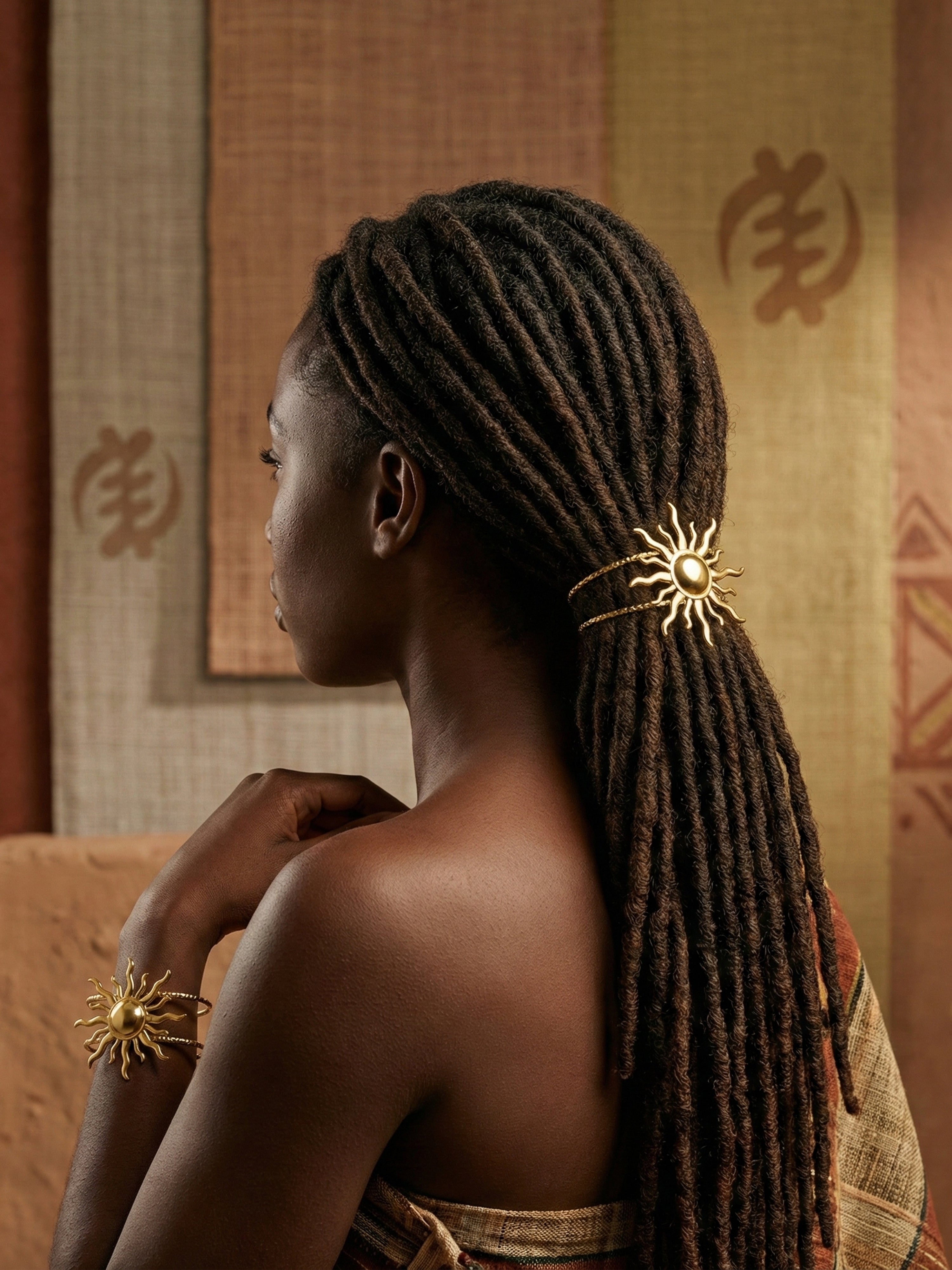 Black_woman_with_locs_in_a_ponytail_held_together_by_the_Gold Spiral Sun Hair Cuff